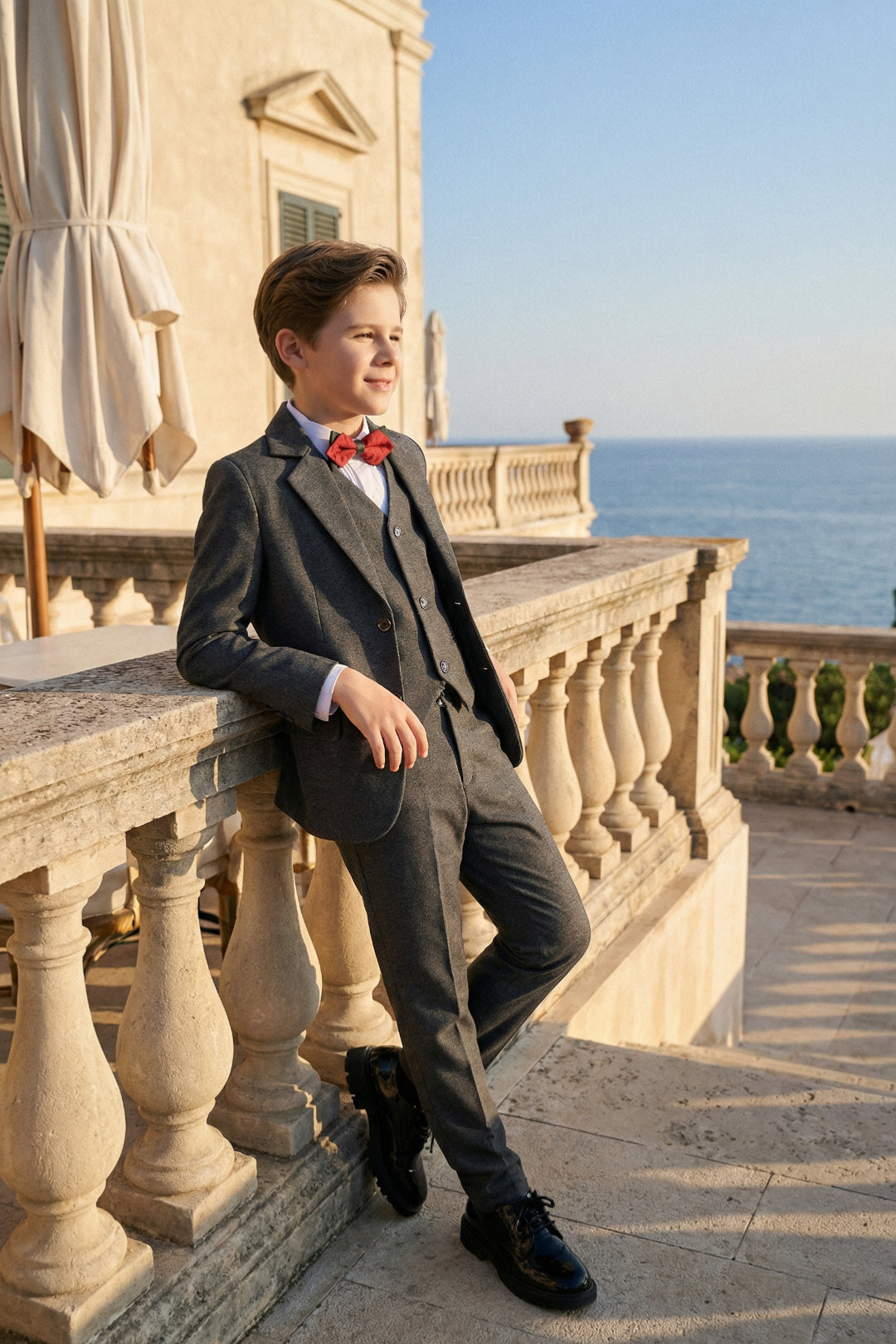 Boys Charcoal Tweed 3-Piece Suit with Notch Lapel