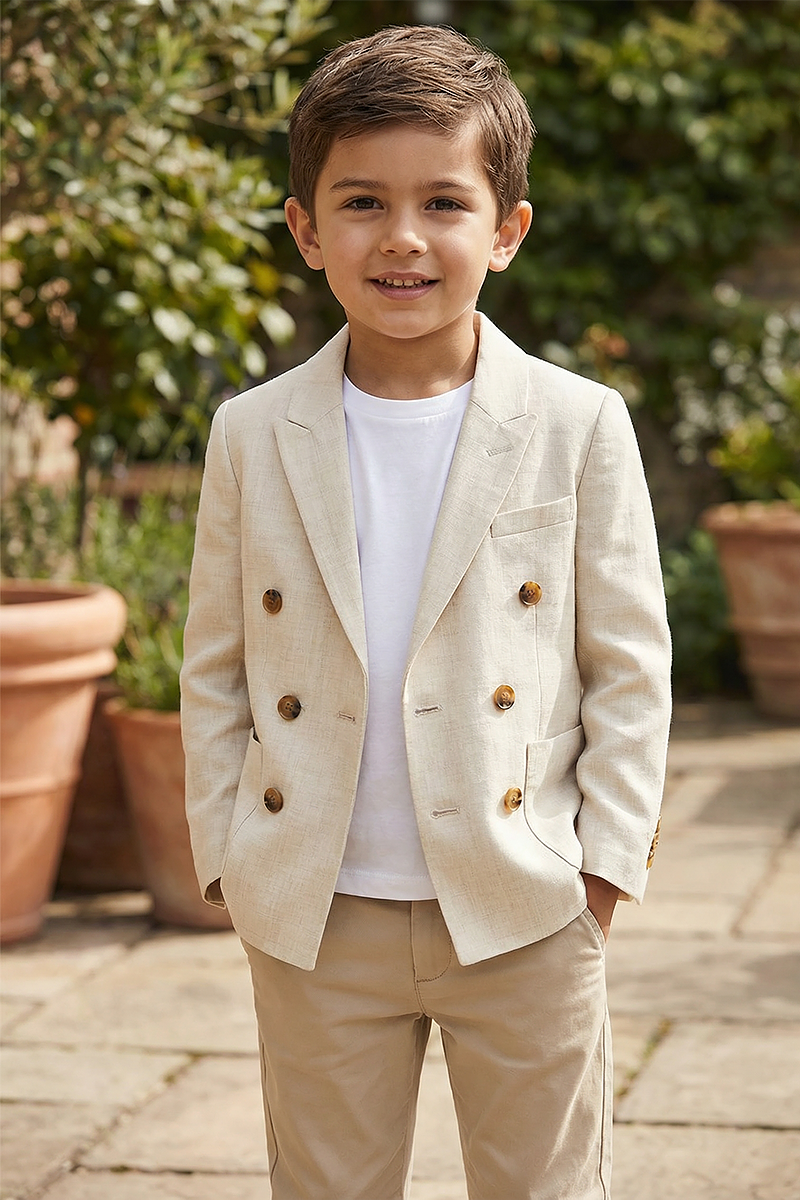 Boys Beige Double-Breasted Notch Lapel Blazer Jacket