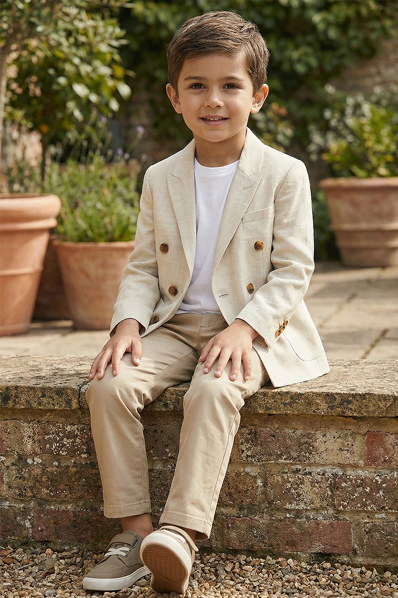 Boys Beige Double-Breasted Notch Lapel Blazer Jacket