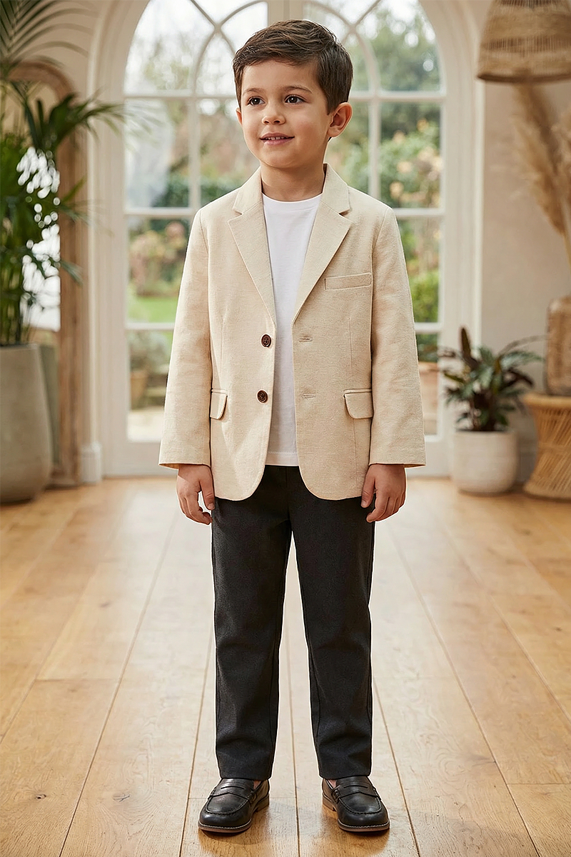Boys Cream Single-Breasted Notch Lapel Blazer Jacket