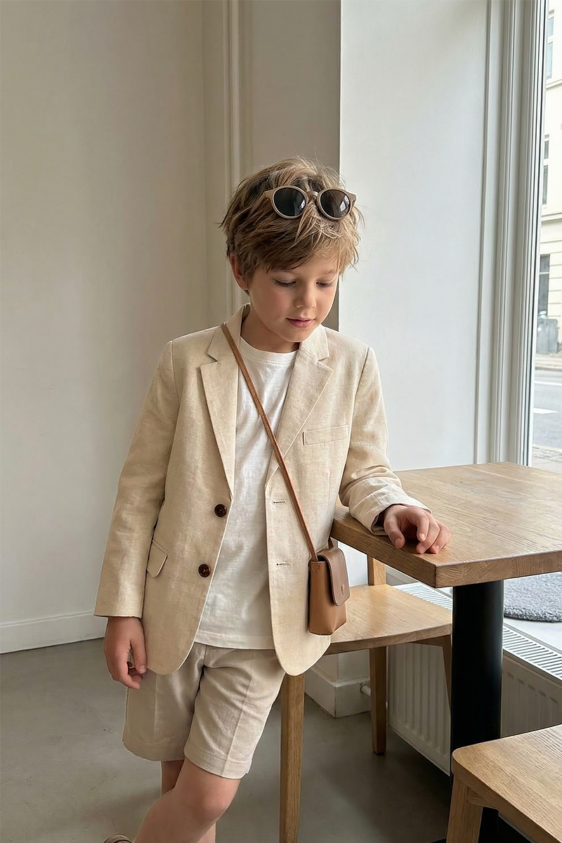 Boys Cream Single-Breasted Notch Lapel Blazer Jacket