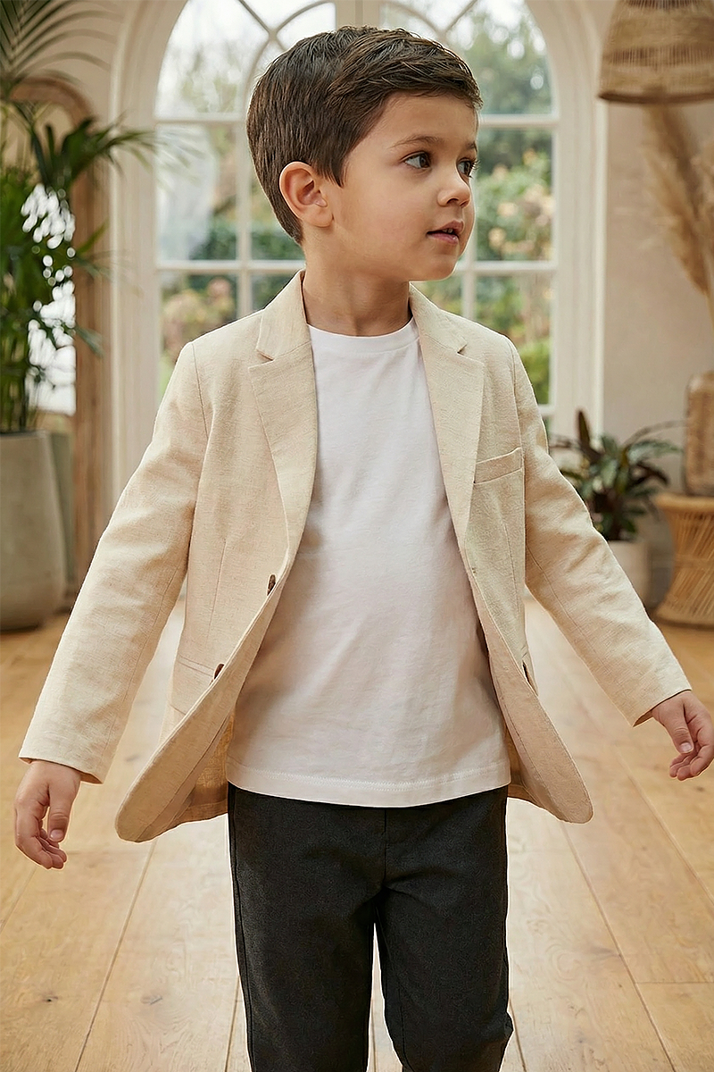 Boys Cream Single-Breasted Notch Lapel Blazer Jacket
