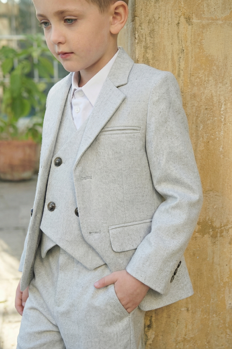 Boys Light Grey Linen Wedding Outfit with Soft Tailoring 3-Piece Suit