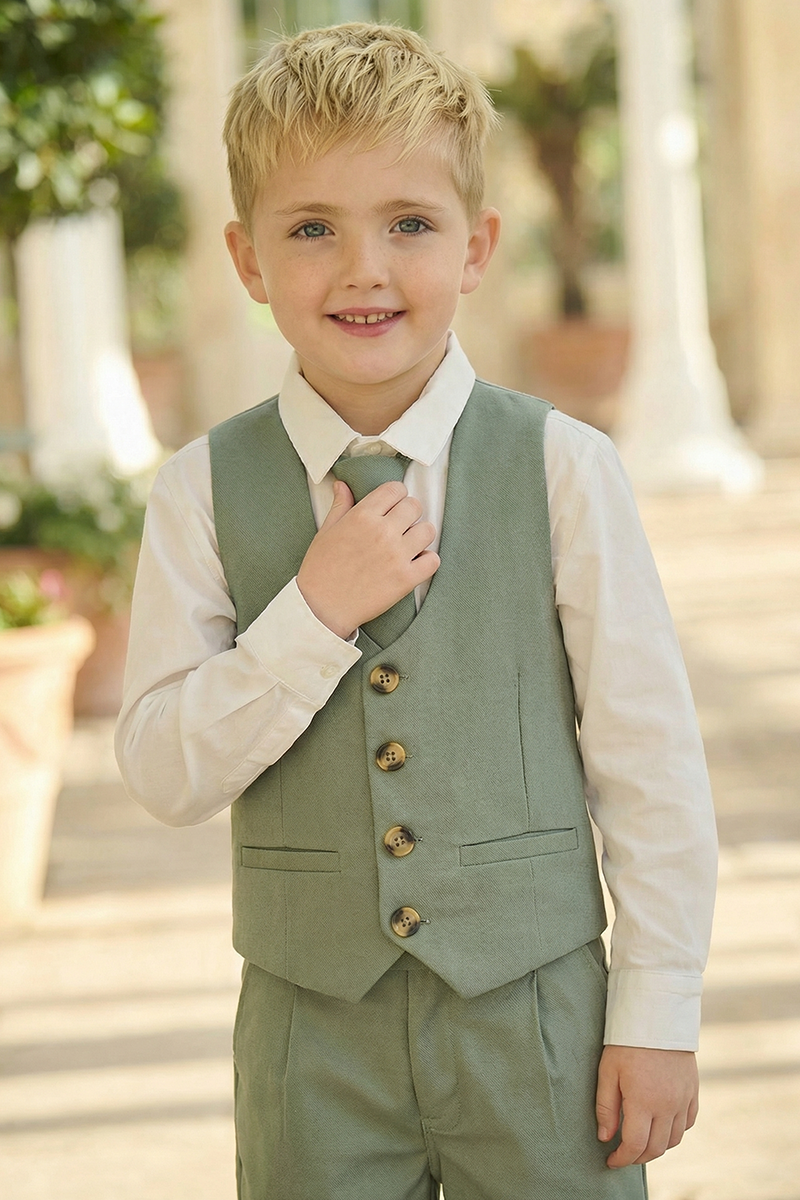 Boys Sage Green Vest & Shorts Wedding Outfit 3-Piece Suit
