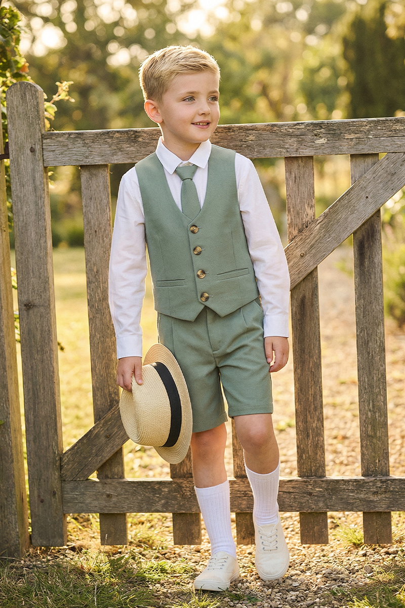 Boys Sage Green Vest & Shorts Wedding Outfit 3-Piece Suit
