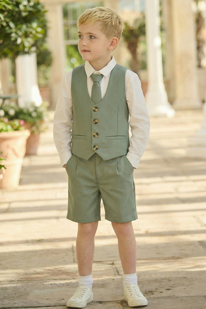 Boys Sage Green Vest & Shorts Wedding Outfit 3-Piece Suit