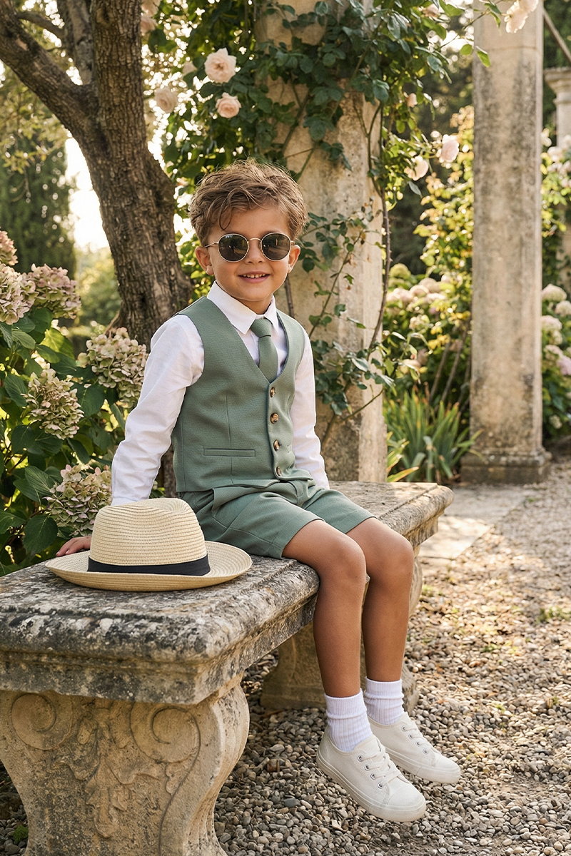 Boys Sage Green Vest & Shorts Wedding Outfit 3-Piece Suit