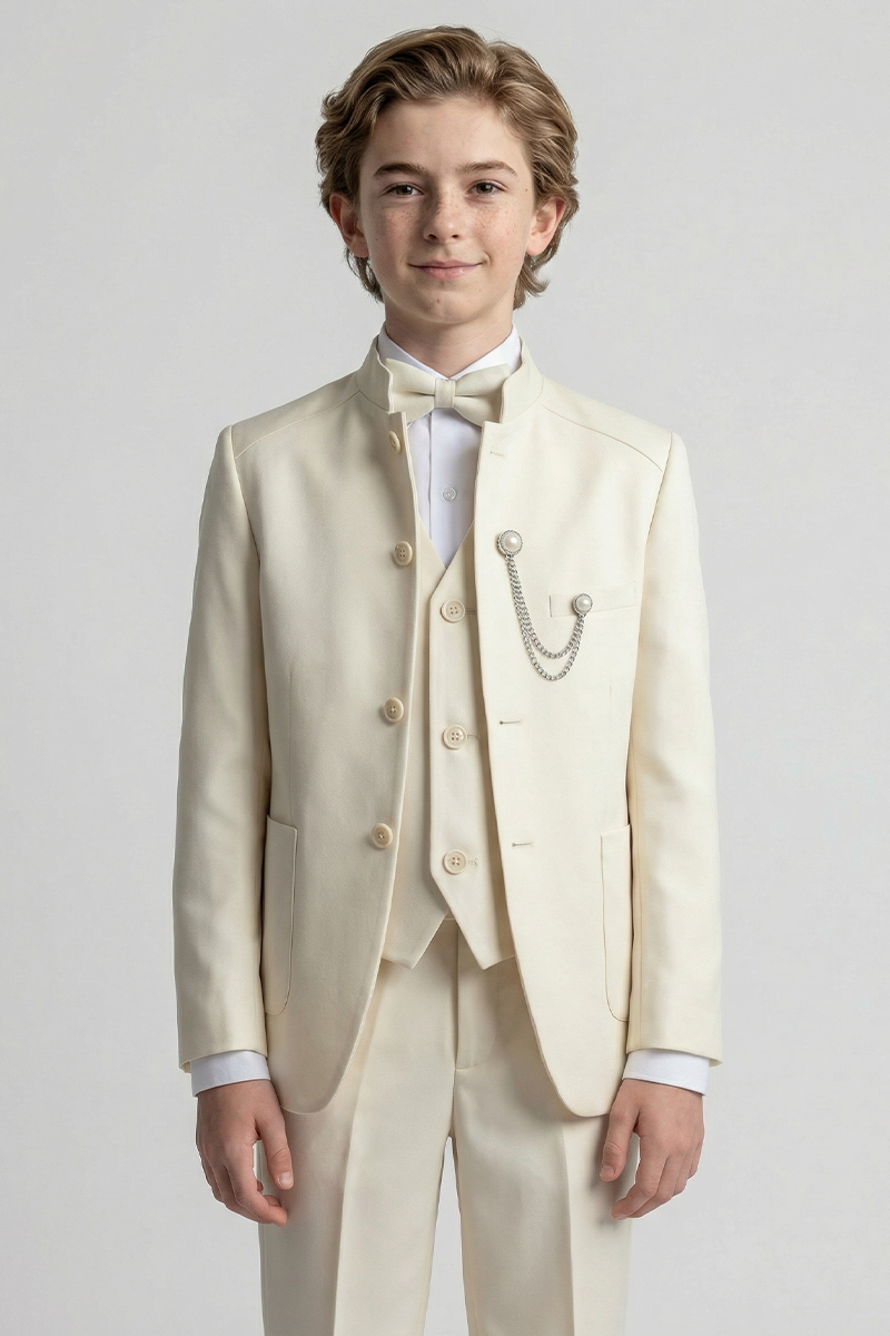Boys Ivory 3-Piece Suit with Chain Detail for Weddings & Formal Galas