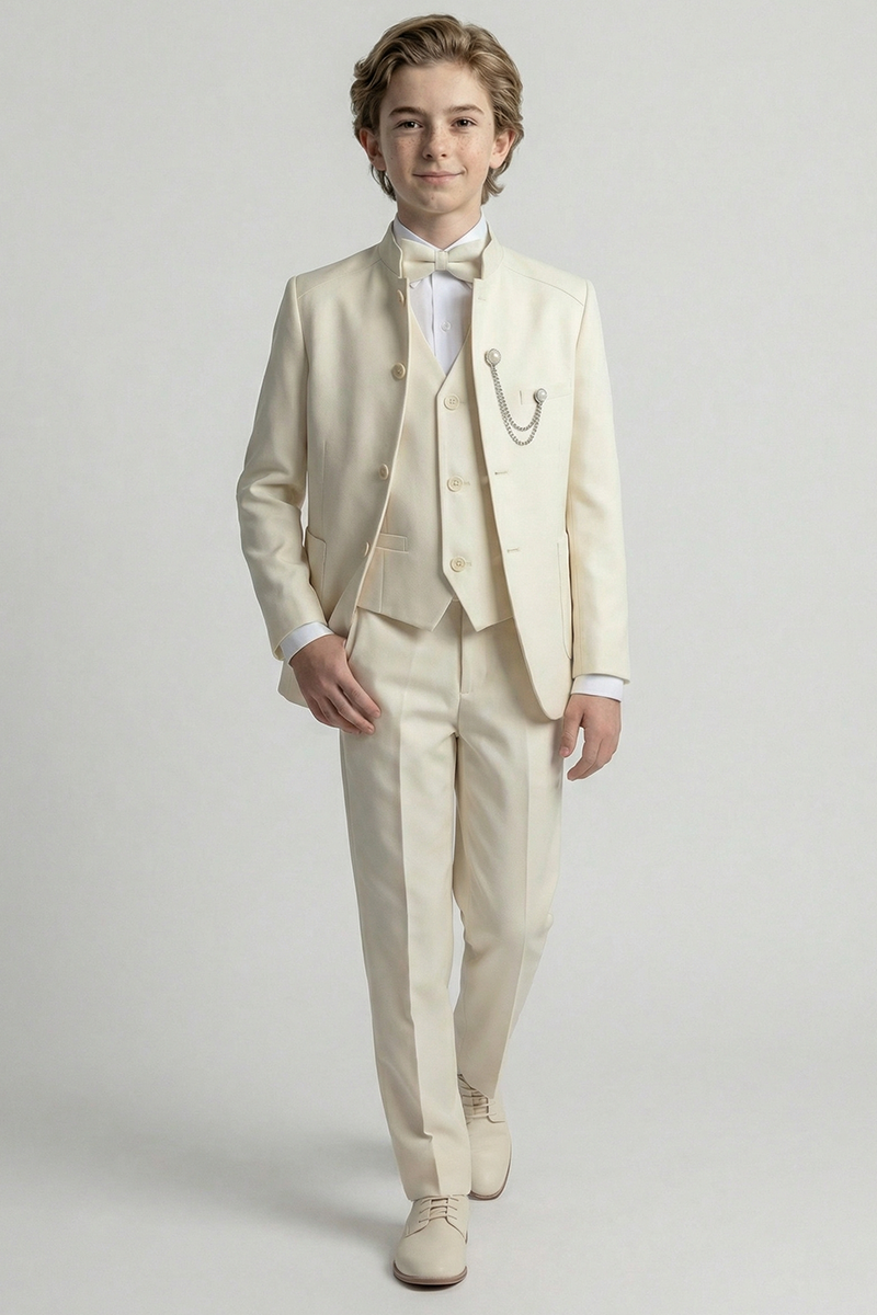 Boys Ivory 3-Piece Suit with Chain Detail for Weddings & Formal Galas