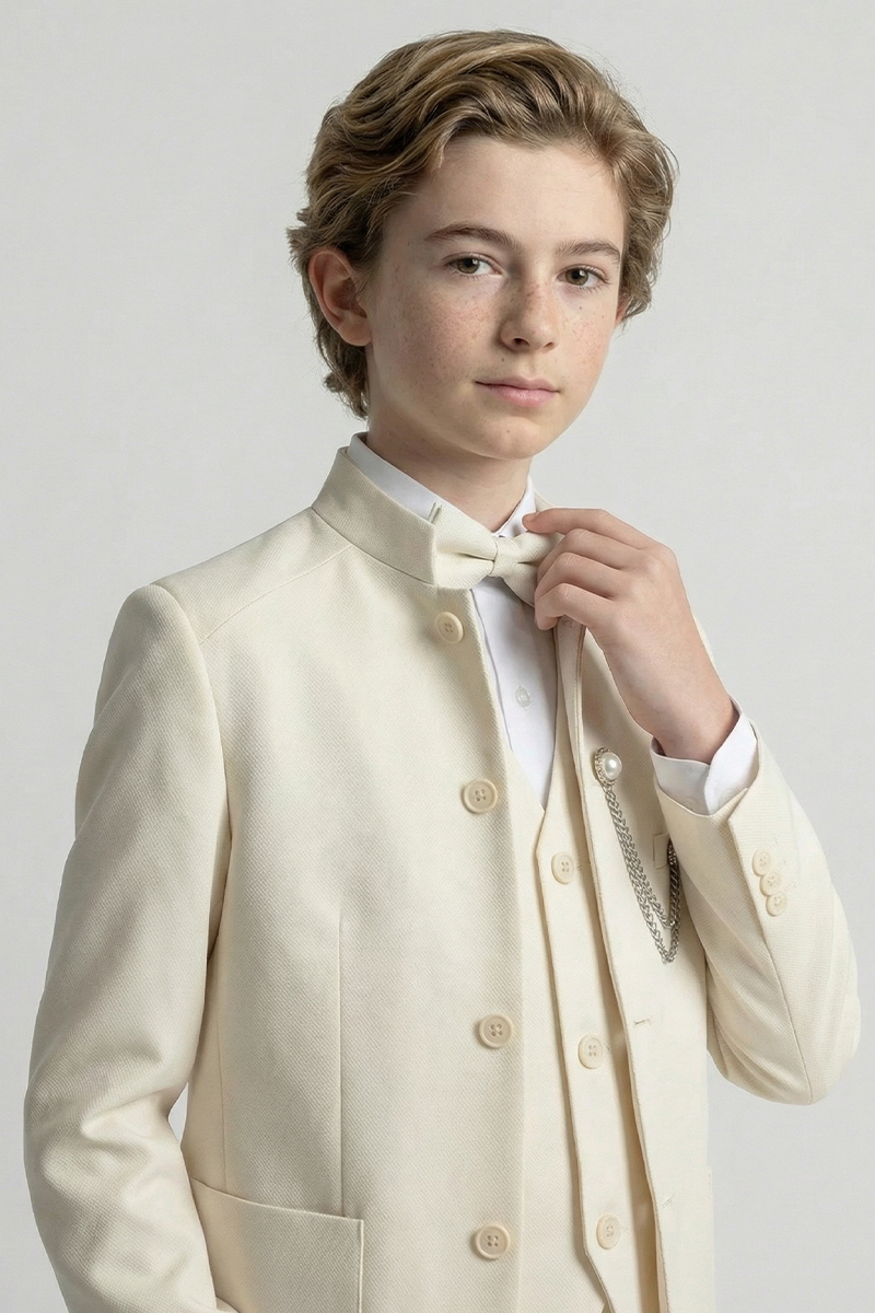 Boys Ivory 3-Piece Suit with Chain Detail for Weddings & Formal Galas