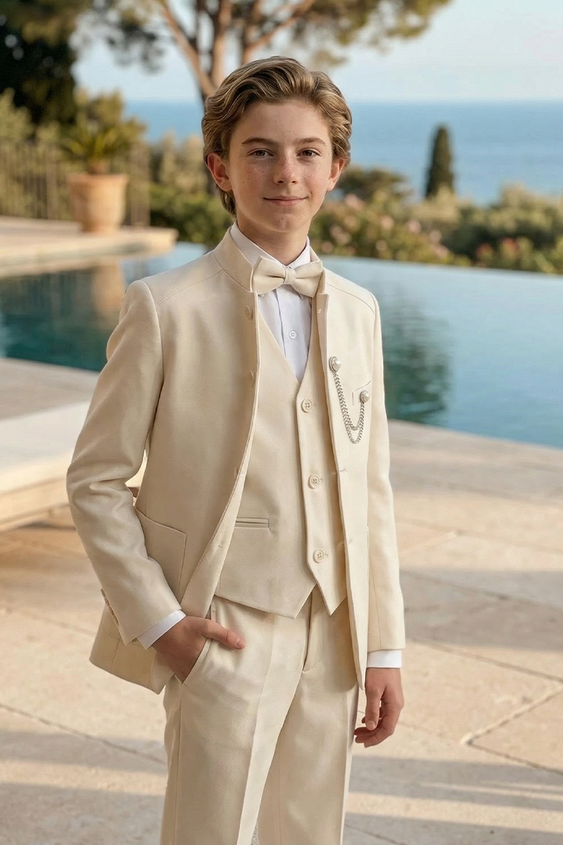 Boys Ivory 3-Piece Suit with Chain Detail for Weddings & Formal Galas