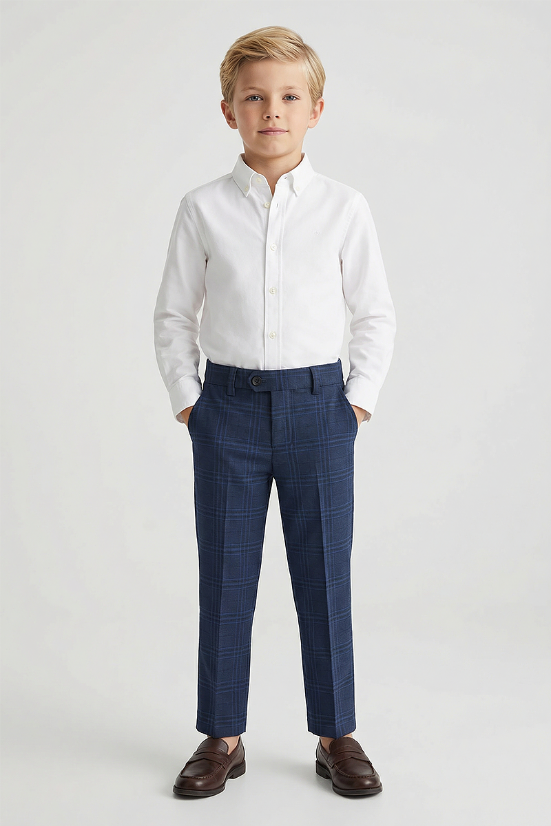 Boys Blue Plaid Dress Pants Tailored Formal Trousers