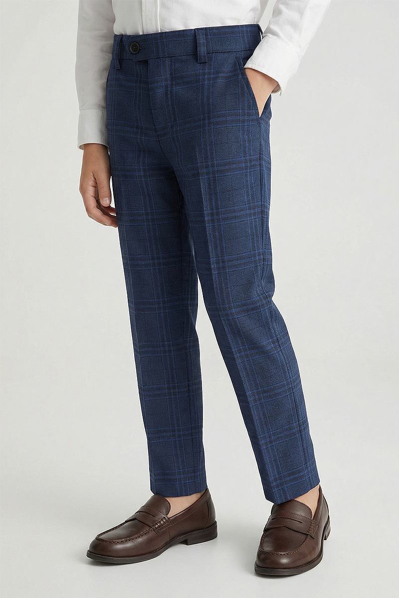 Boys Blue Plaid Dress Pants Tailored Formal Trousers