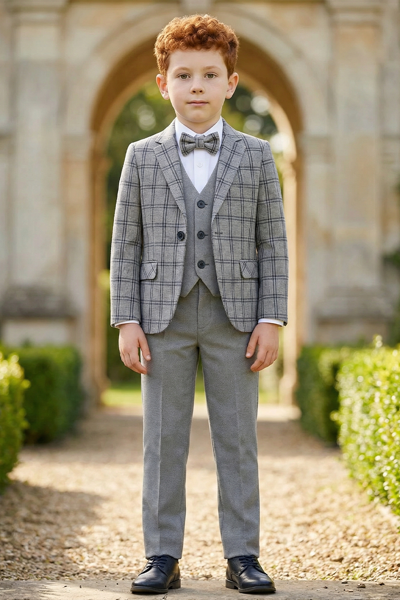 Boys Grey Plaid 3-Piece Suit for Estate Weddings & Formal Gatherings