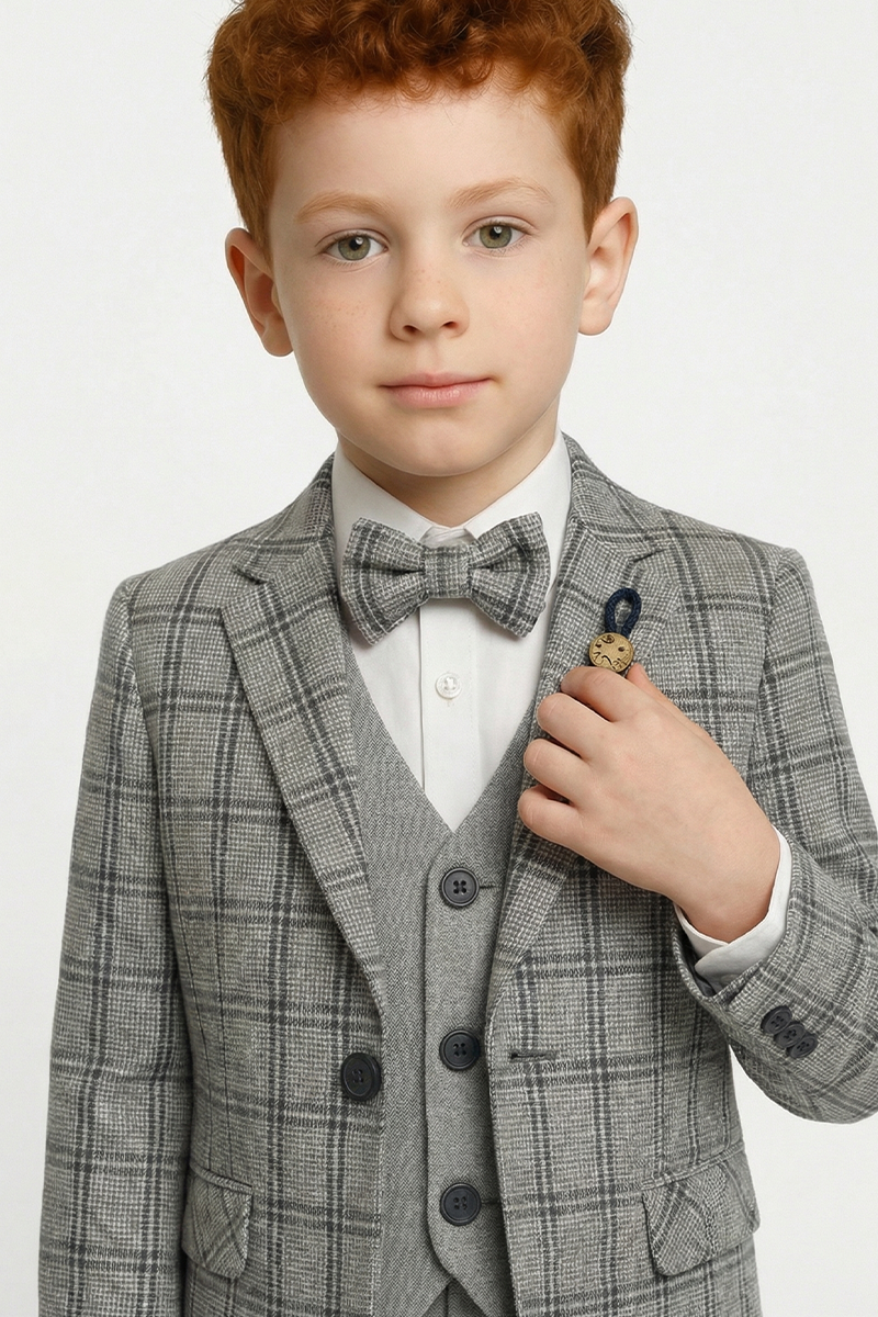 Boys Grey Plaid 3-Piece Suit for Estate Weddings & Formal Gatherings