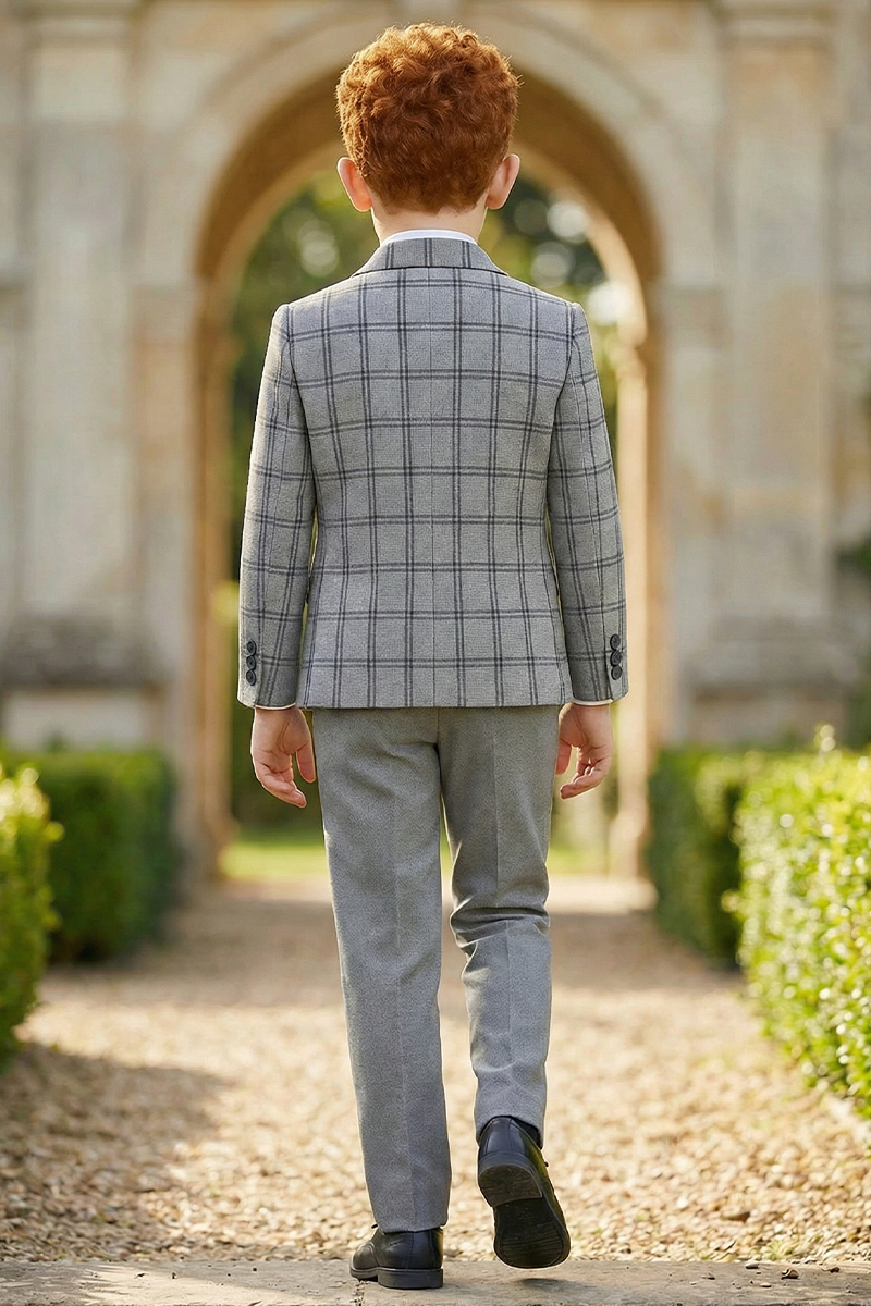 Boys Grey Plaid 3-Piece Suit for Estate Weddings & Formal Gatherings