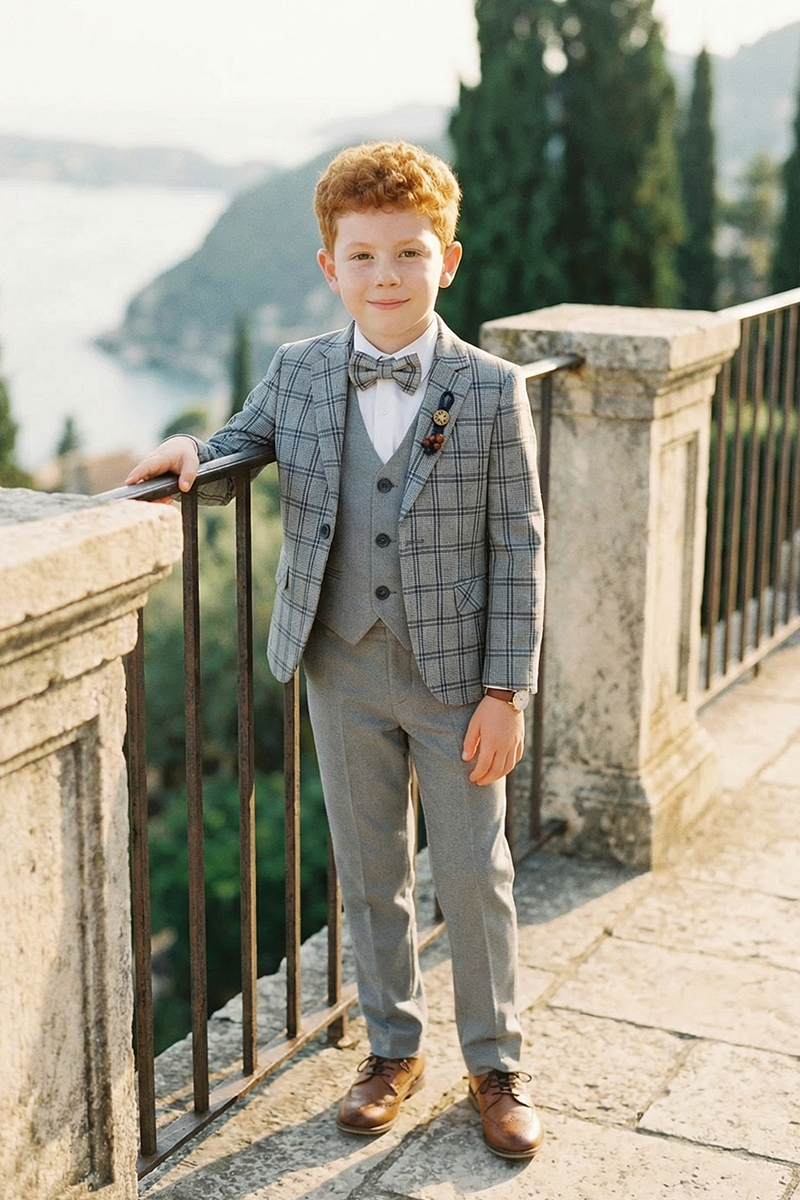 Boys Grey Plaid 3-Piece Suit for Estate Weddings & Formal Gatherings
