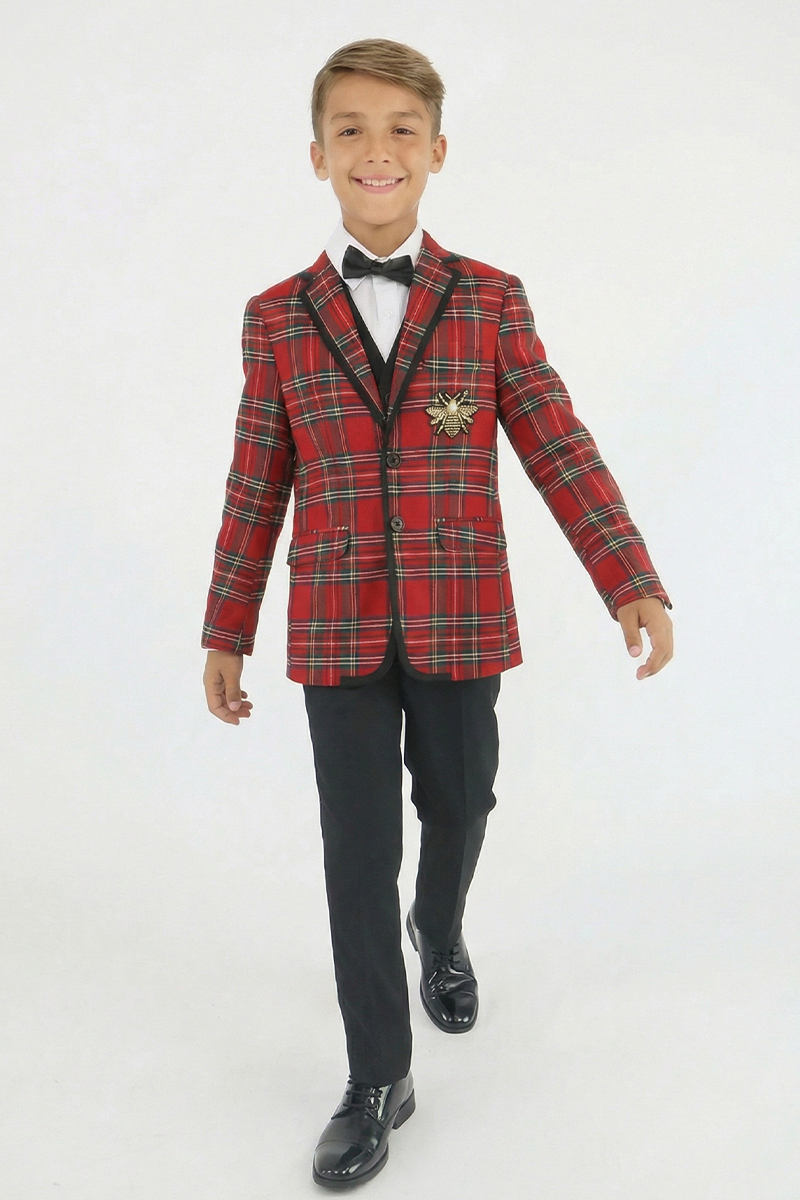 Boys Red Plaid 2-Piece Suit with Bee Detail for Festive Weddings & Events