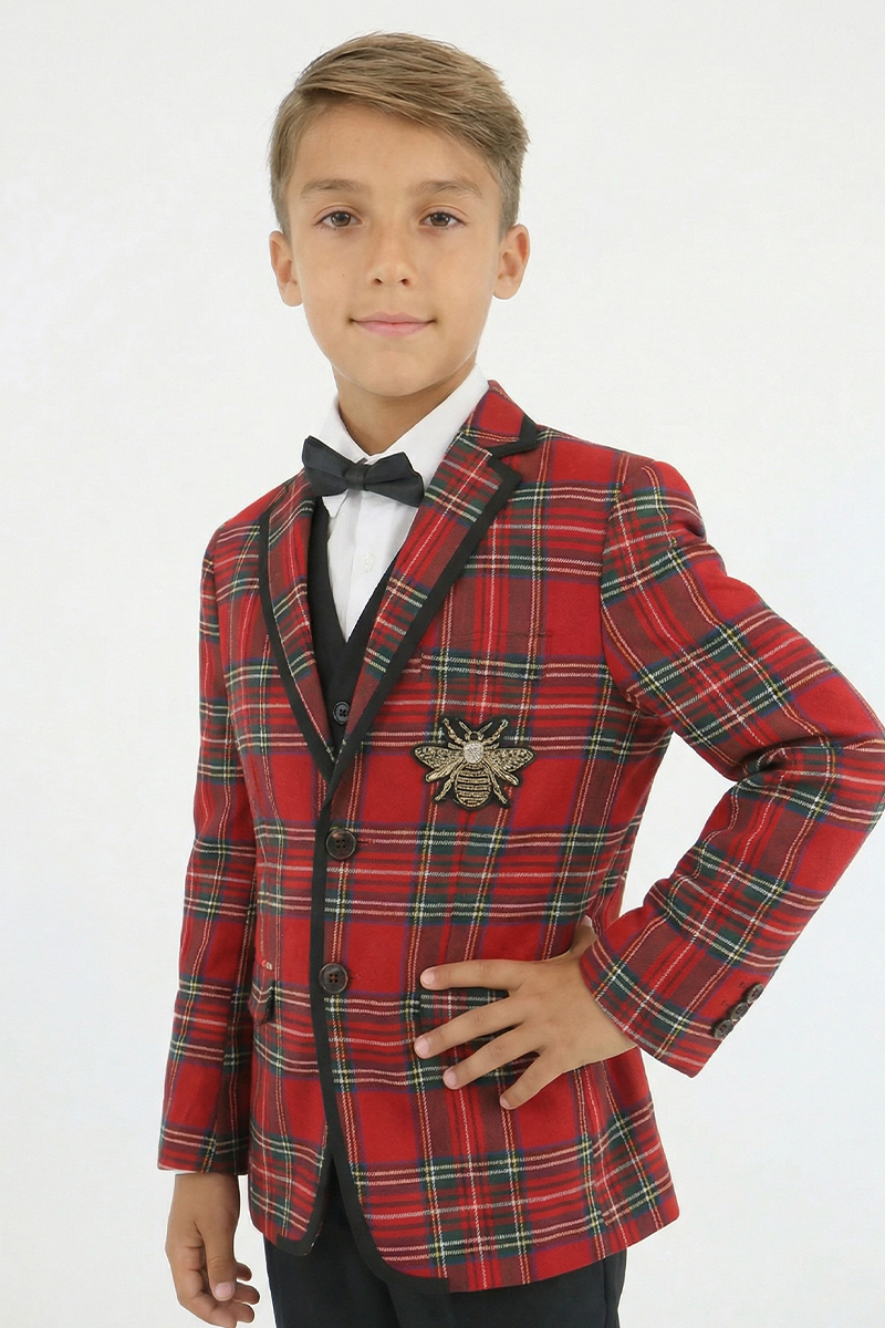 Boys Red Plaid 2-Piece Suit with Bee Detail for Festive Weddings & Events