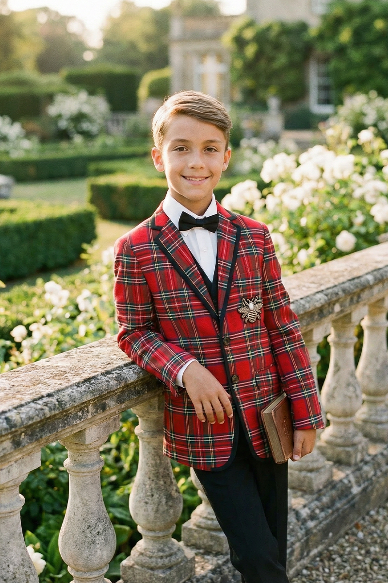 Boys Red Plaid 2-Piece Suit with Bee Detail for Festive Weddings & Events