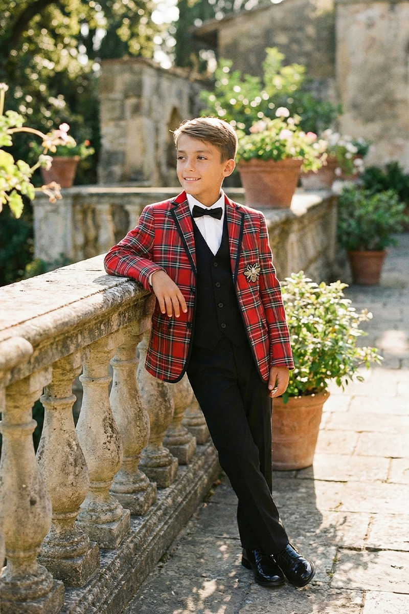 Boys Red Plaid 2-Piece Suit with Bee Detail for Festive Weddings & Events