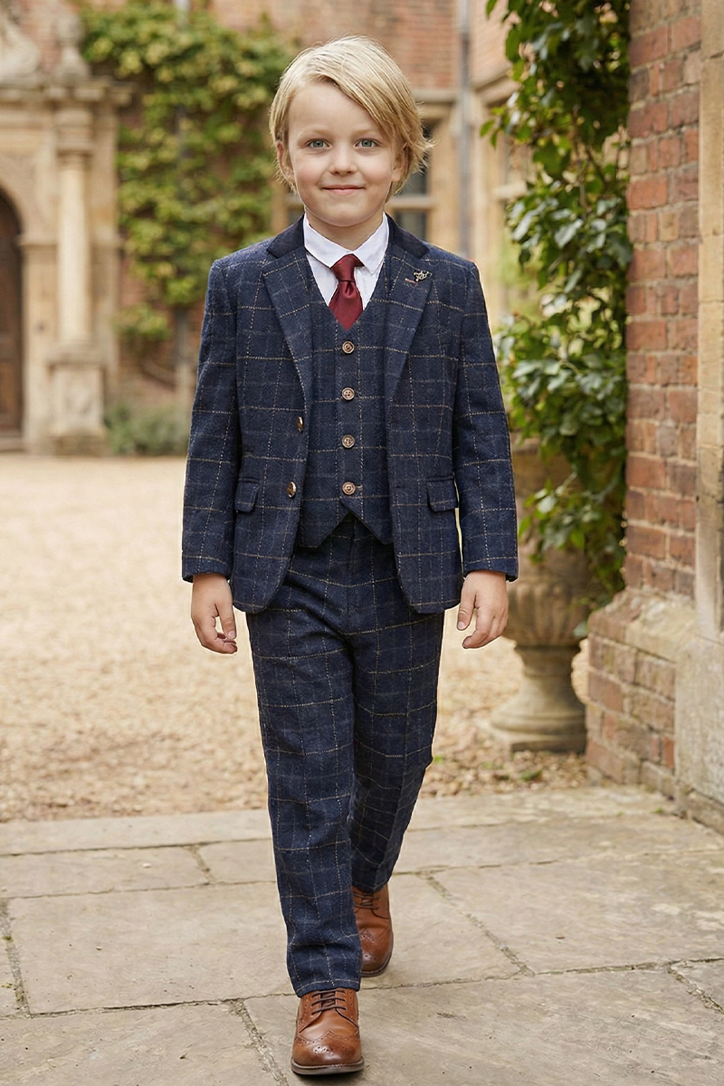 Boys Navy Plaid 3-Piece Suit for Estate Weddings & Formal Gatherings