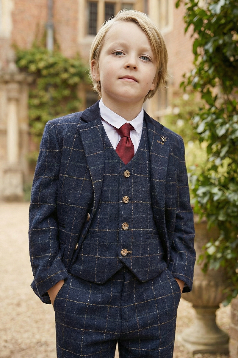 Boys Navy Plaid 3-Piece Suit for Estate Weddings & Formal Gatherings