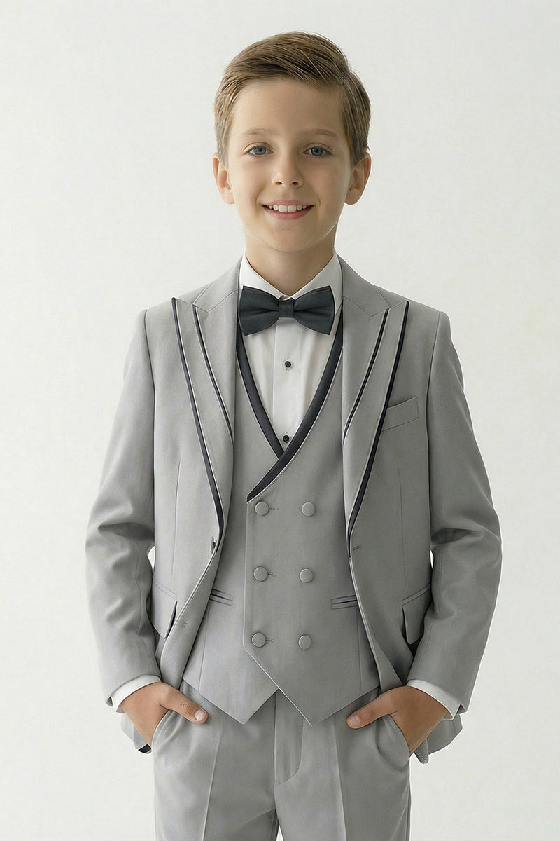 Boys Light Grey 3-Piece Suit with Black Piping for Coastal Villa Weddings