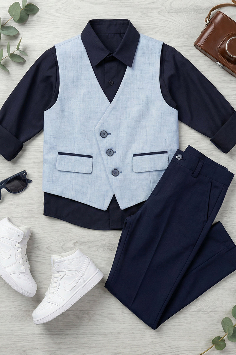 Boys Light Blue Linen Vest And Trousers Set for Garden Weddings