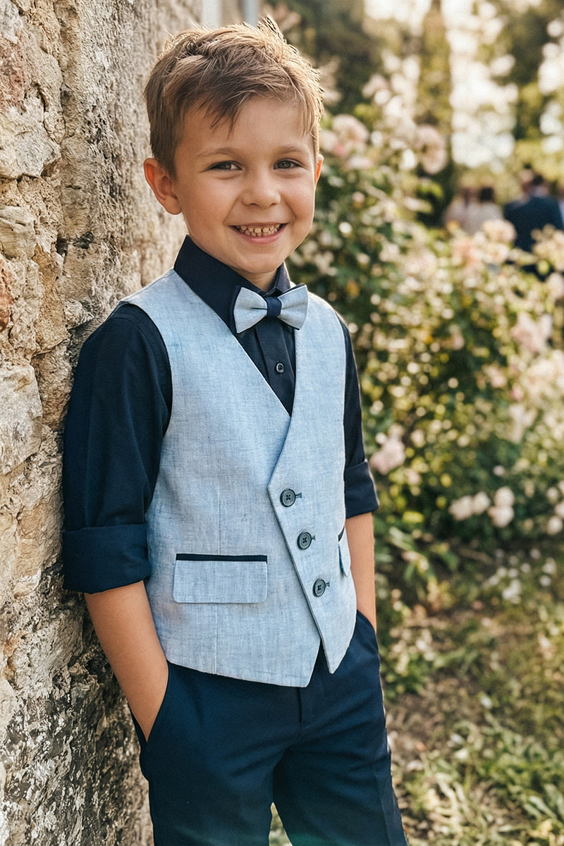 Boys Light Blue Linen Vest And Trousers Set for Garden Weddings
