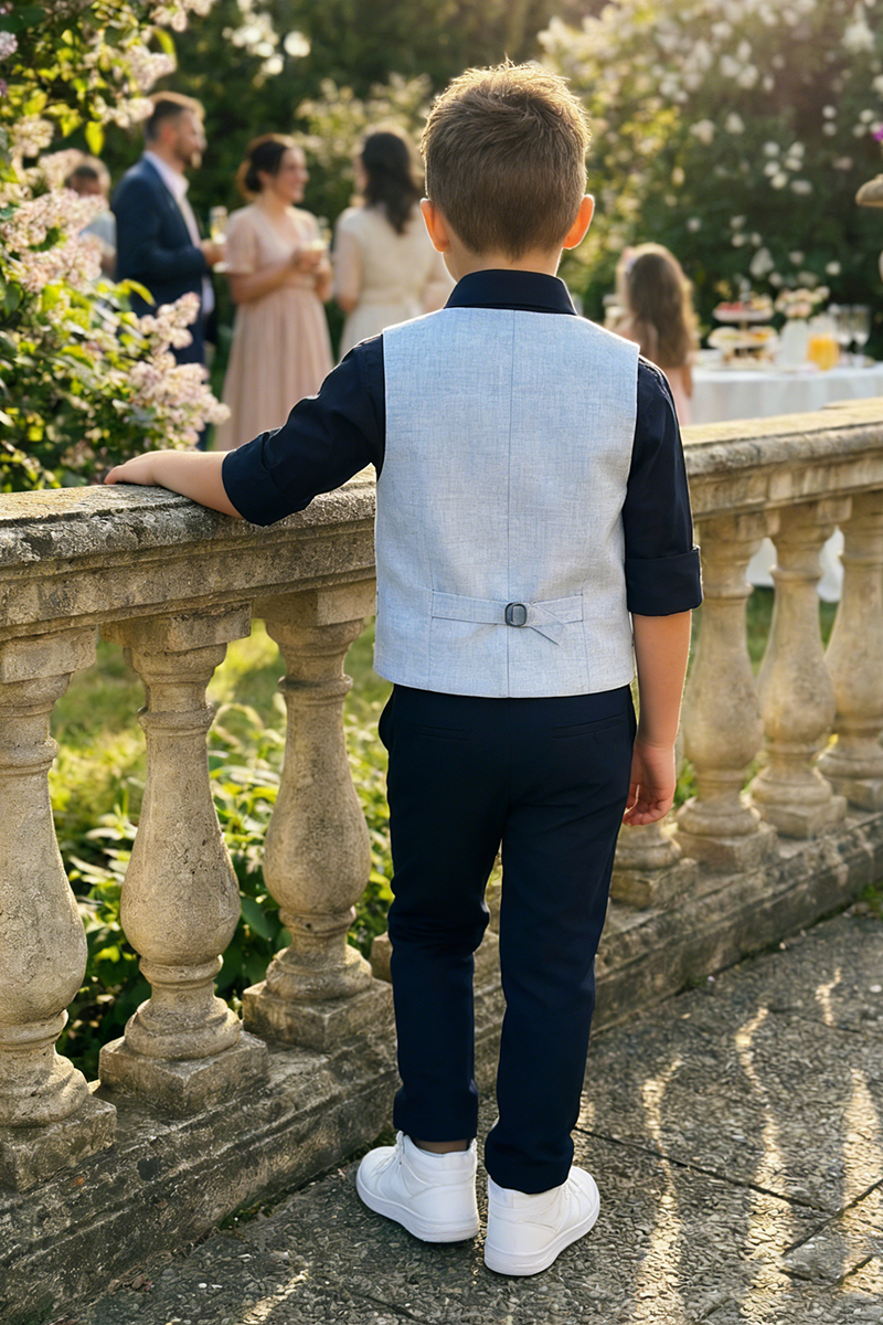 Boys Light Blue Linen Vest And Trousers Set for Garden Weddings
