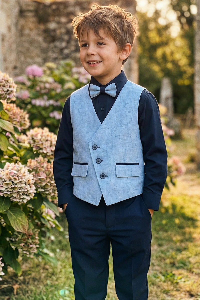 Boys Light Blue Linen Vest And Trousers Set for Garden Weddings