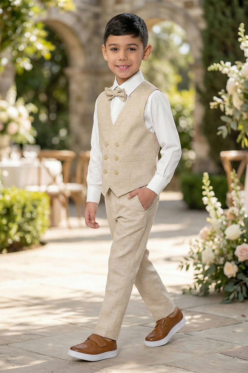 Boys Oatmeal Linen Double-Breasted Vest Set for Tuscan Garden Weddings