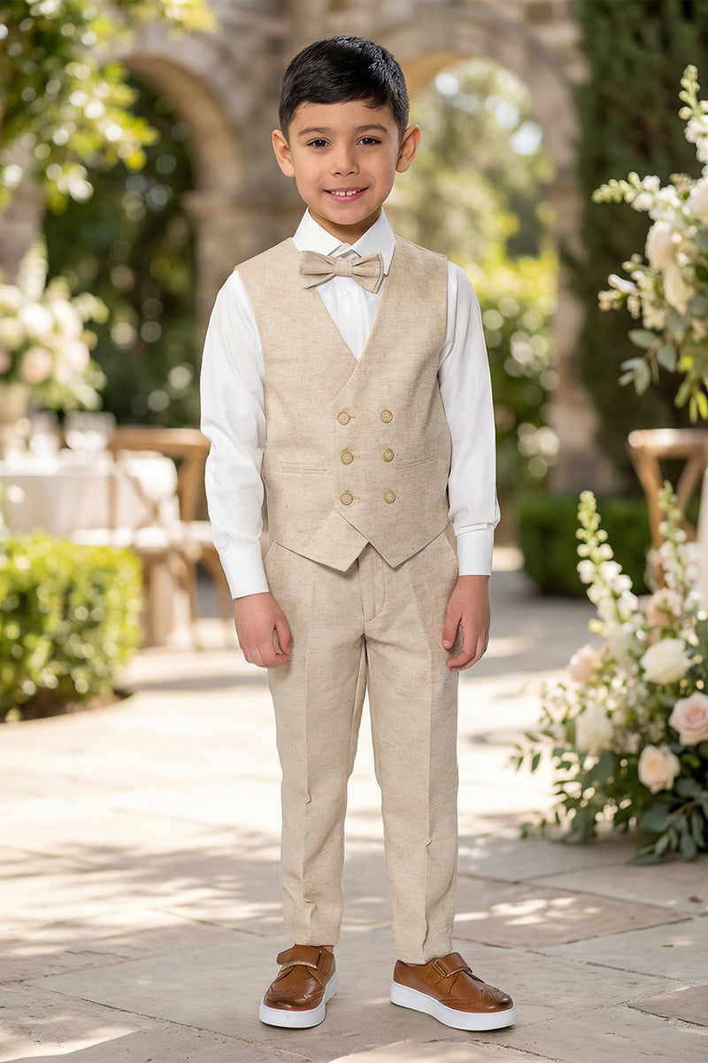 Boys Oatmeal Linen Double-Breasted Vest Set for Tuscan Garden Weddings