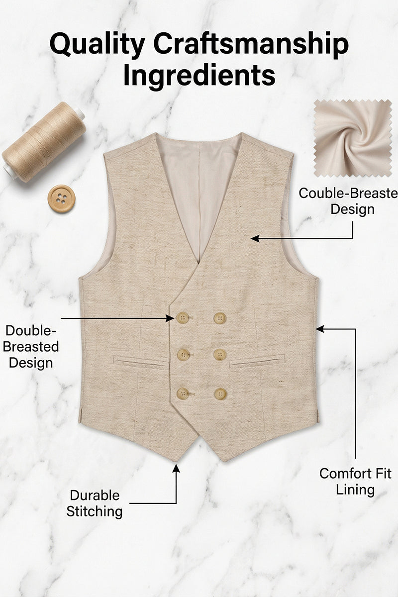 Boys Oatmeal Linen Double-Breasted Vest Set for Tuscan Garden Weddings