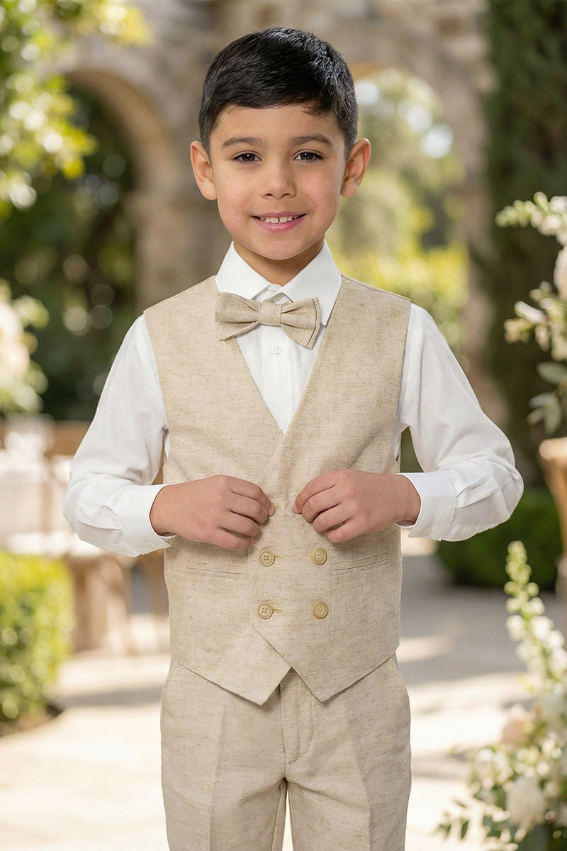 Boys Oatmeal Linen Double-Breasted Vest Set for Tuscan Garden Weddings