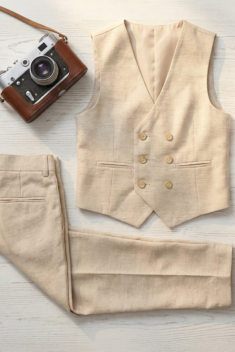 Boys Oatmeal Linen Double-Breasted Vest Set for Tuscan Garden Weddings