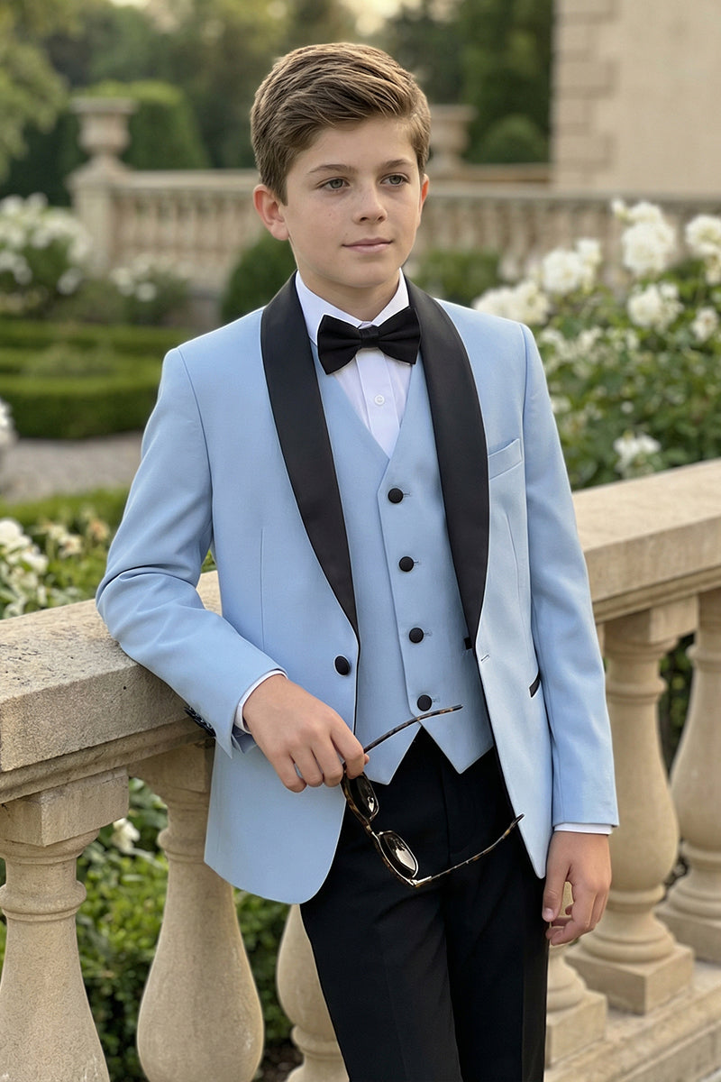 Boys Sky Blue 3-Piece Suit with Black Shawl Collar for Estate Weddings