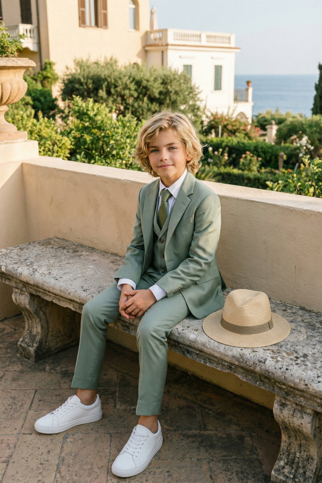 Boys Sage Green 3-Piece Suit with Notch Lapel