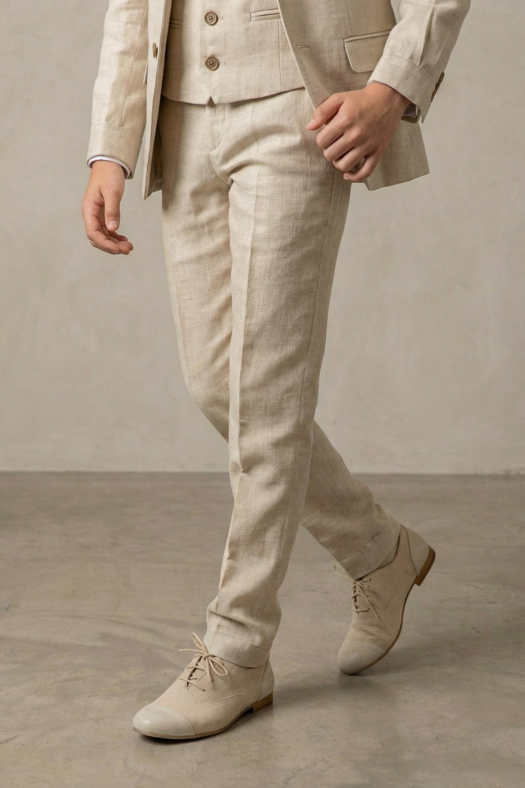 Boys Natural Linen 3-Piece Suit with Notch Lapel