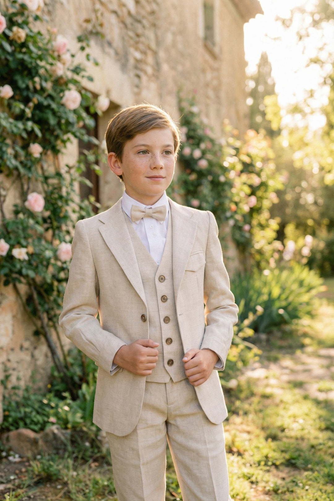 Boys Natural Linen 3-Piece Suit with Notch Lapel