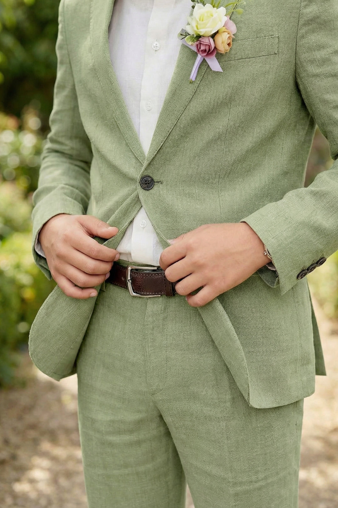Boys Sage Green Linen 2-Piece Suit with Notch Lapel