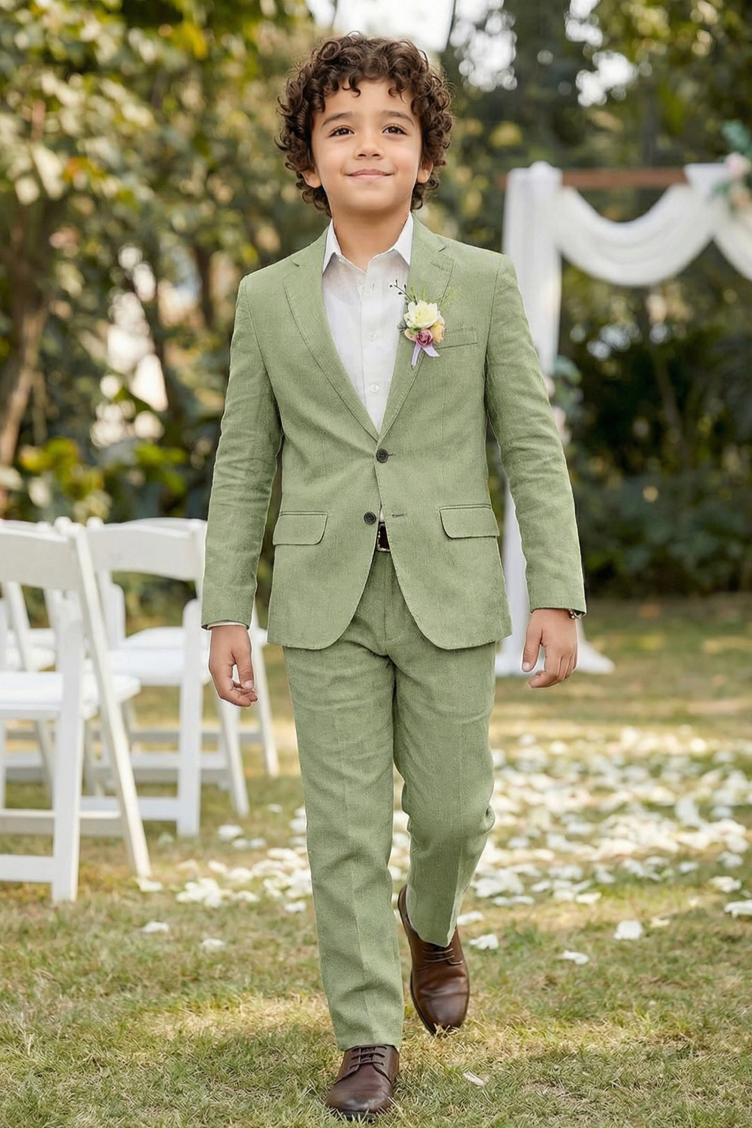 Boys Sage Green Linen 2-Piece Suit with Notch Lapel
