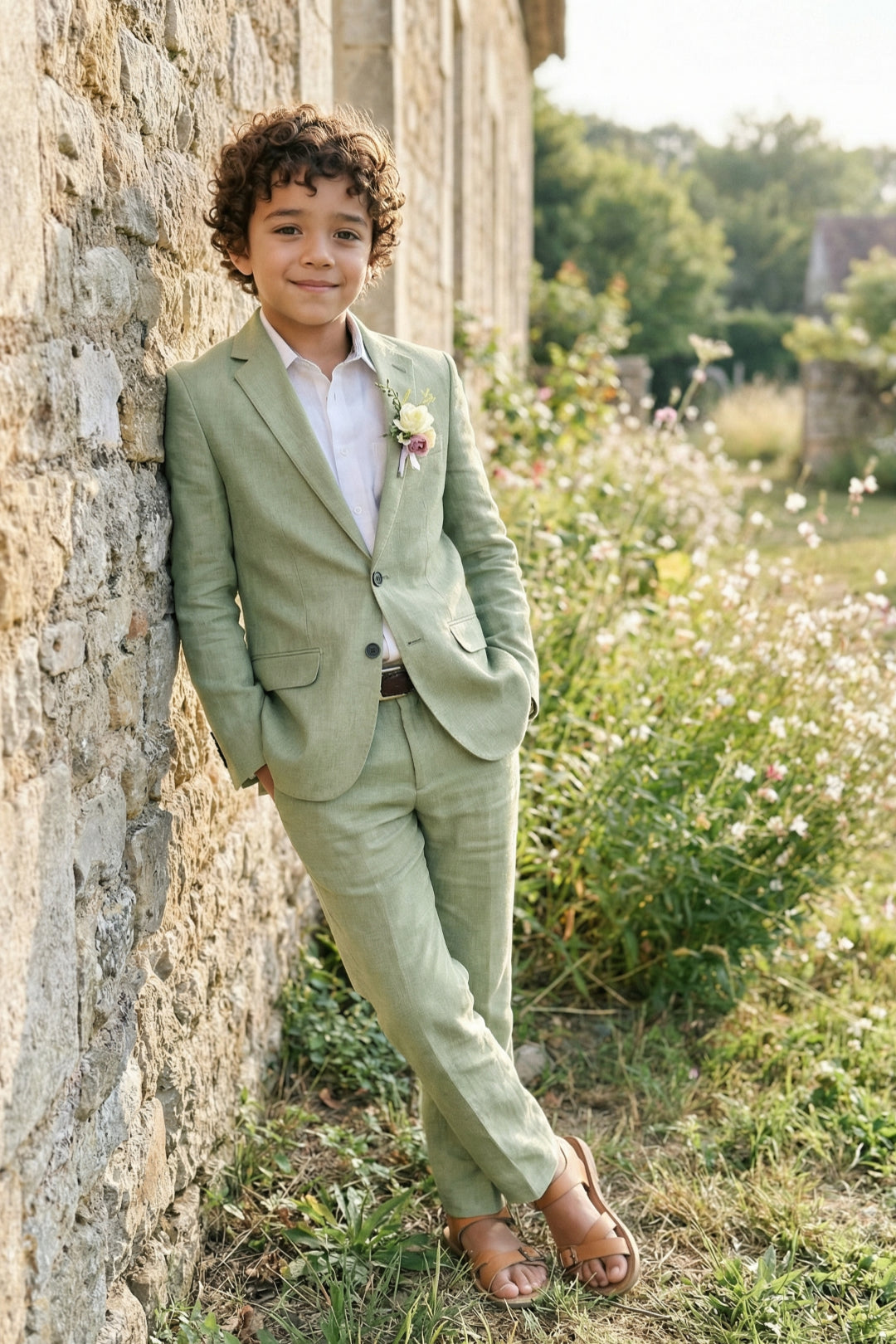 Boys Sage Green Linen 2-Piece Suit with Notch Lapel