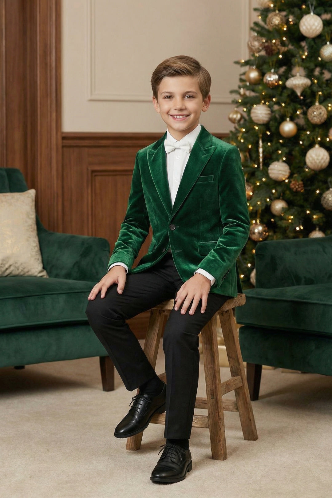 Boys Emerald Green Velvet Tuxedo 2-Piece Set with Notch Lapel