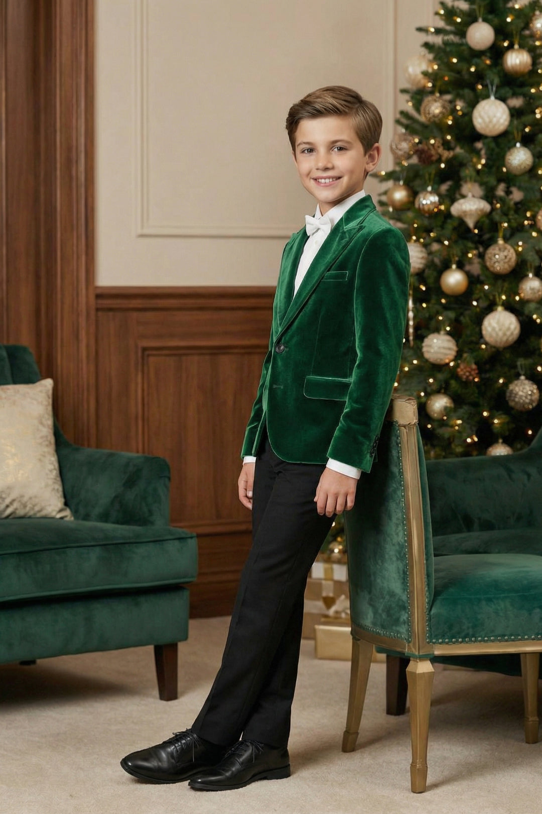 Boys Emerald Green Velvet Tuxedo 2-Piece Set with Notch Lapel