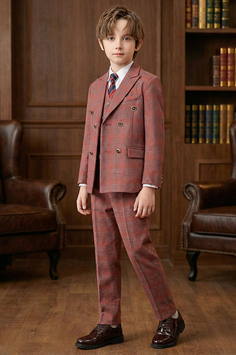 Boys Rust Red Plaid Double-Breasted 3-Piece Suit for Villa Weddings