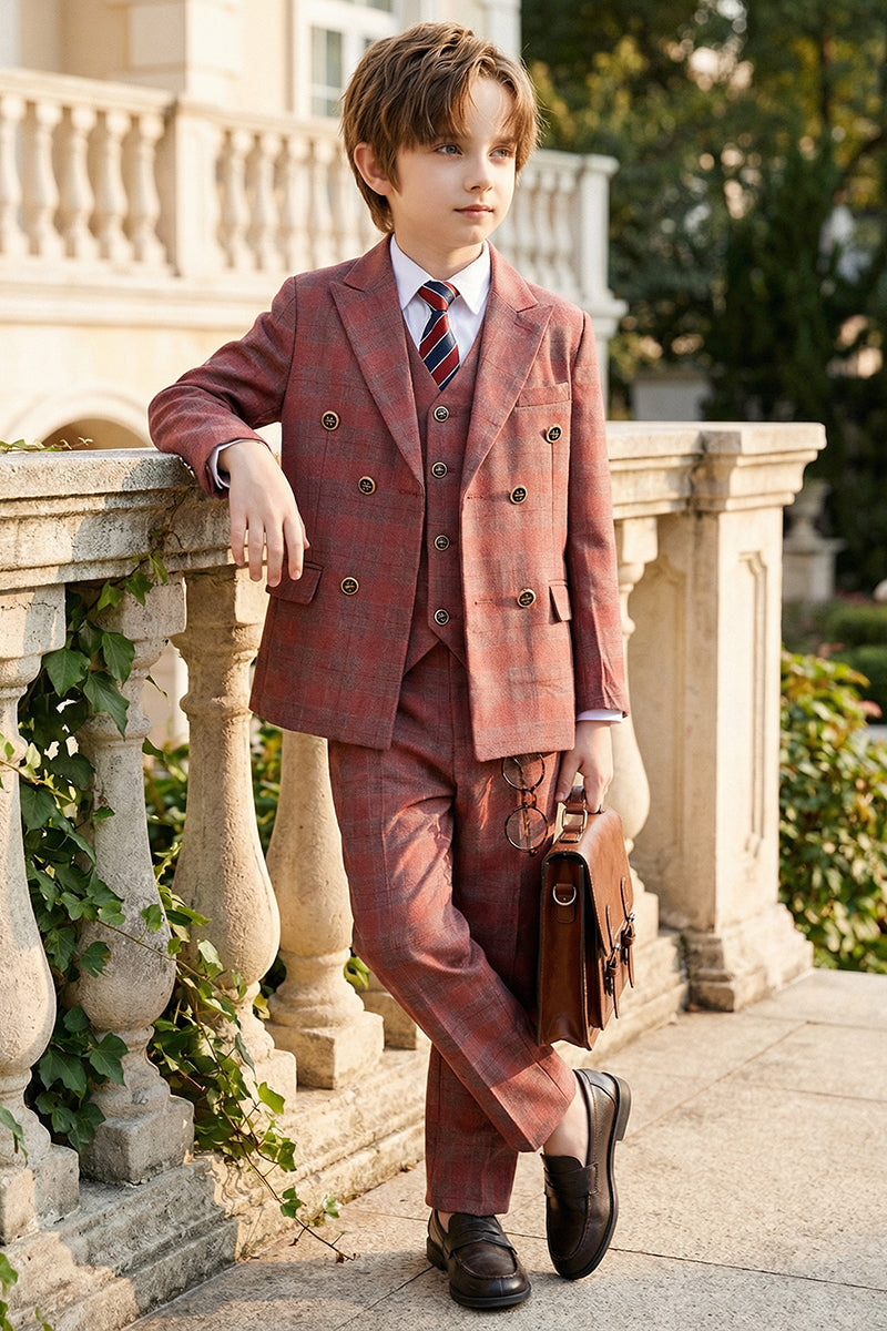 Boys Rust Red Plaid Double-Breasted 3-Piece Suit for Villa Weddings