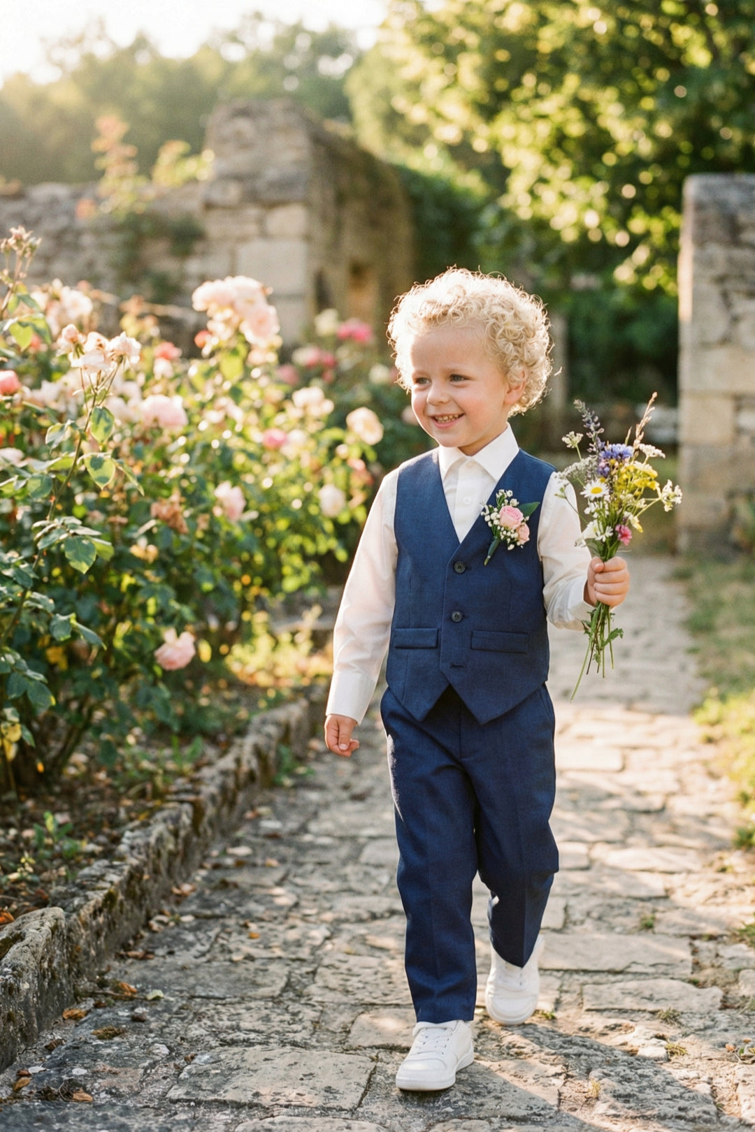 Boys Navy Blue Tweed Vest & Trousers Set