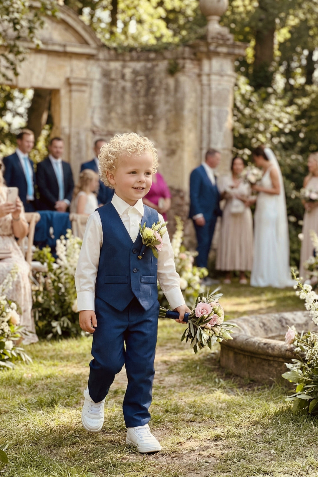 Boys Navy Blue Tweed Vest & Trousers Set